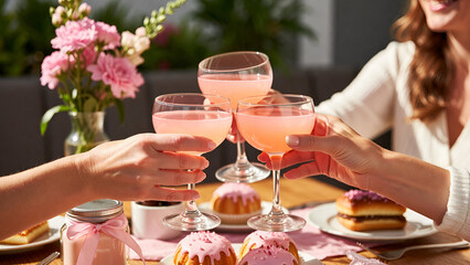 Women clinking glasses with pink cocktails and sweet desserts at cozy celebration table symbolizing friendship, brunch party, joyful moments and lifestyle enjoyment
