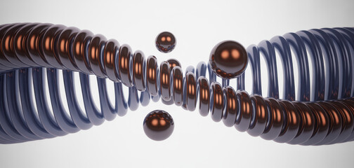 Neon glass spiral line of transparent round balls with blue brown gradient on black background. Abstract curve wave pattern. Futuristic dna structure for science and technology design