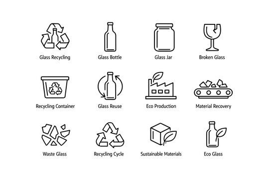 Icons representing glass recycling, bottles, jars, and eco-friendly processes