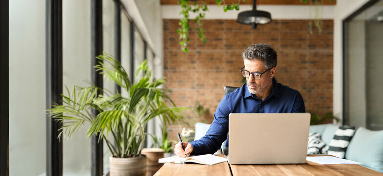 Busy mature middle aged professional businessman executive using laptop at work writing notes. 50 years old business man company manager investor working on computer technology sitting at office desk.