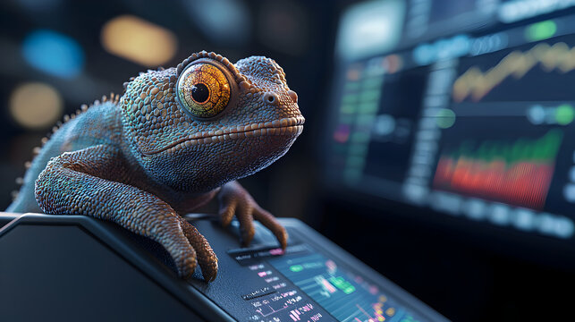 Adaptable chameleon businessman focused on stock market data, blending into futuristic trading background - Powered by Adobe