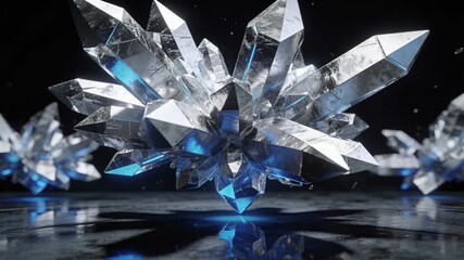 A futuristic silver crystal cluster with sharp geometric facets floating above a dark reflective surface. Cool blue accent lighting highlights the metallic edges. - Powered by Adobe