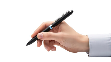 Hand Holding Pen Writing Isolated on Transparent Background