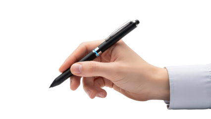 Hand Holding Pen Writing Isolated on Transparent Background
