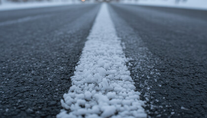 Snow-covered road surface with ice layers, winter landscape providing a textured background for travel-related layouts 
