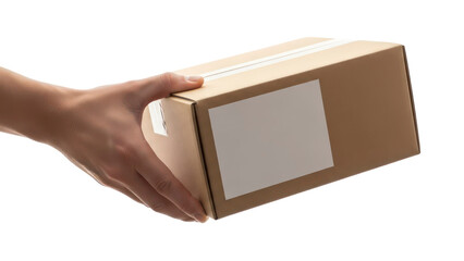 Hand Holding Cardboard Delivery Box Isolated on Transparent Background
