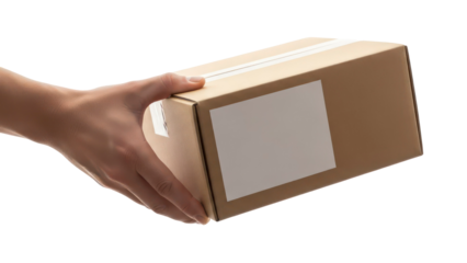 Hand Holding Cardboard Delivery Box Isolated on Transparent Background