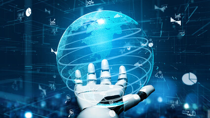 A futuristic robot hand holds a digital globe, showcasing data visualizations that symbolize technology innovation and global insights within a high-tech virtual environment. Xenic