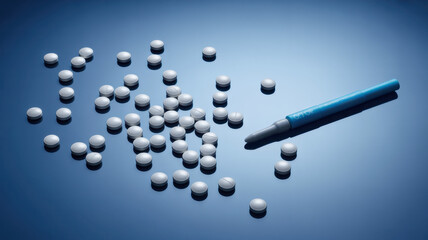 Weight loss pills available: Two dosing pens for subcutaneous injection of antidiabetic medication or anti-obesity medication on a blue background besides a heap of GLP-1 pills. 