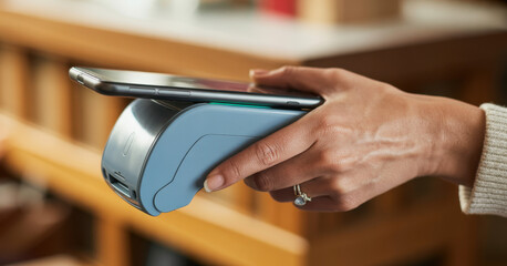 Ecommerce, hands and phone with POS machine for transaction, fintech payment and customer purchase. People, tech and tap to pay with internet banking for checkout process, B2C connection and sales. 