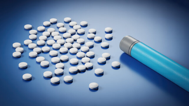 Weight loss pills available: Two dosing pens for subcutaneous injection of antidiabetic medication or anti-obesity medication on a blue background besides a heap of GLP-1 pills. 