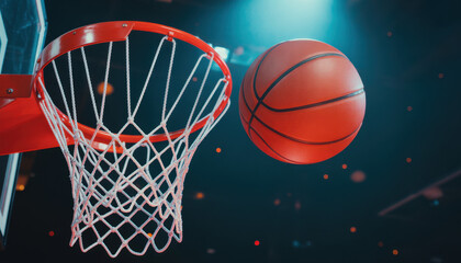 Basketball soars through air toward hoop. Ball flies in gymnasium. Game competition challenge. Sport equipment for athletic team plays at championship tournament. Match score concept for final