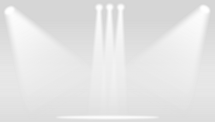 Stage illuminated by spotlights. Empty scene with spot of light on floor. Vector realistic illustration of studio, theater or club interior with beams of lamps, smoke and glowing particles