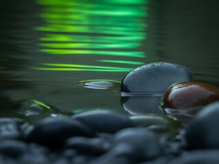 Smooth black stones and glassy pebbles rest on the calm water's edge with reflected neon green light dancing across the surface, surrounded by ripples and serene atmosphere.