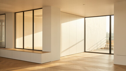 Black frame glass door of white wall inner room on wooden parquet floor with sunlight through window 
