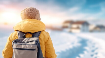 Child in yellow coat and knitted hat walks through snowy landscape with backpack, houses in the background during winter sunset