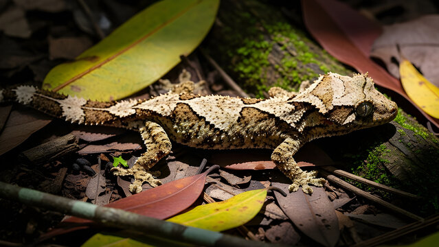 Leaf-tailed gecko perfectly camouflaged among forest leaves in natural habitat.