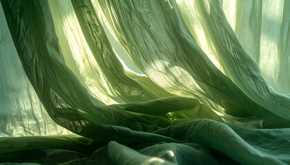 Soft Green Fabric: Sunlight dances upon delicate fabric, creating a serene play of light and shadow, evoking a sense of calm and tranquility.