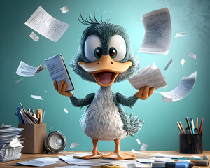 Frantic duck office worker in chaos, multitasking with flying paper at busy desk. humorous business concept