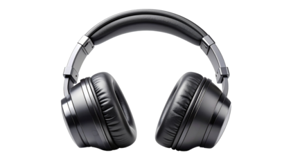 Modern black over-ear headphones isolated on a transparent background. High-quality audio accessory for listening to music, podcasts, or gaming. Sleek design audio equipment and wireless technology.