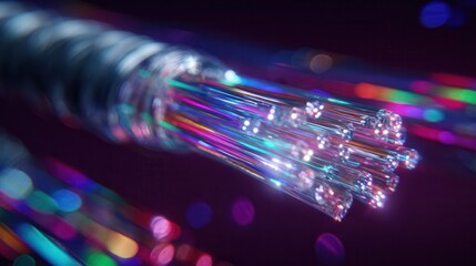 close-up of a glowing fiber optic cable with multicolored light beams streaming from transparent ends, vibrant neon colors, photorealistic technology photography