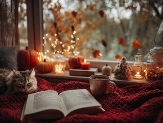 Cozy reading corner with a book, cat, candles, and autumn decor  