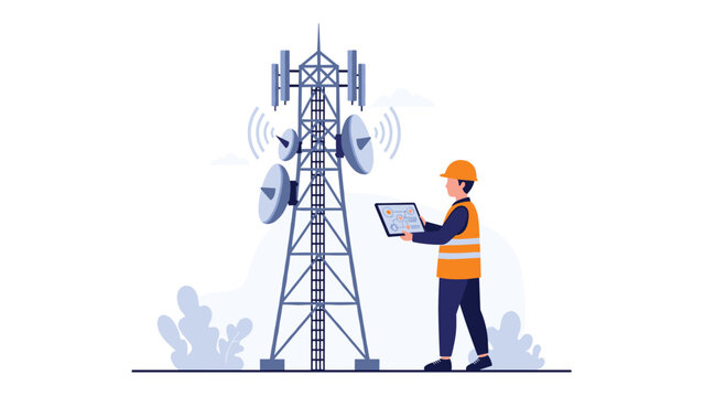 Telecommunication engineer in safety vest and hard hat inspecting a cellular tower with a digital tablet, ensuring optimal network performance and maintenance of critical infrastructure.