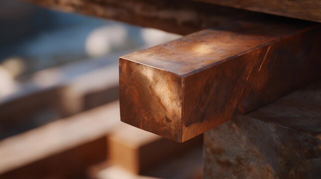 A close-up material concept showcases copper with its distinctive reddish tone, emphasizing metal texture, conductivity, and importance in industrial applications. cinematic color correction,