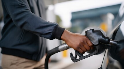 Obraz premium Drivers using fuel pumps at a gas filling station, routine action highlighting transportation dependence, energy resources, and vehicle maintenance. cinematic color correction, natural uneven