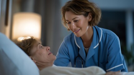 Fototapeta premium Home healthcare services show a trained health visitor examining symptoms and vital signs of a sick senior lying in bed, emphasizing personalized care, monitoring, and in home medical support.