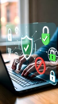 A businessperson is working on a laptop computer in an office setting. The individual uses secure VPN access with a focus on zero trust security measures and encrypted connections
