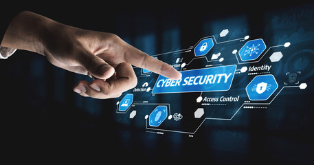 A hand is poised to touch a cyber security button on a sleek digital interface, showcasing various icons related to technology, data protection, and risk management. Tessel