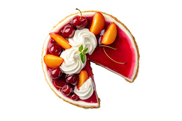 Cheesecake garnished with whipped cream cherries and peaches in a white plate isolated on white background top view