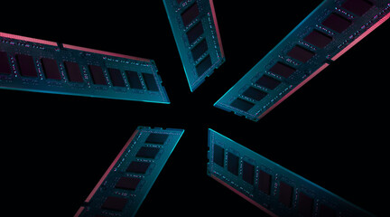 Radial composition of five RAM memory modules with neon lighting on a black background, concept of processing speed and advanced technology
