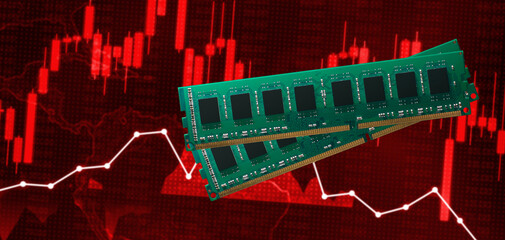 Two RAM memory cards on a background of financial charts and red trading candles, concept of semiconductor crisis and technology stock market