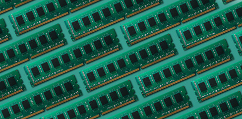 Repeating pattern of DDR4 RAM memory modules on turquoise green background, concept of mass storage and computer hardware