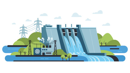 Large hydroelectric power dam with water cascading through multiple spillways, featuring a power plant and transmission lines, symbolizing renewable energy generation and industrial infrastructure.