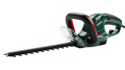 Electric hedge trimmer with green and black handle isolated on transparent background