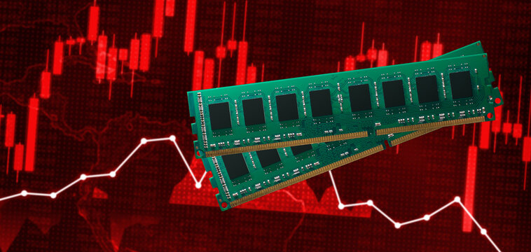 Two RAM memory cards on a background of financial charts and red trading candles, concept of semiconductor crisis and technology stock market - Powered by Adobe