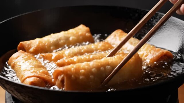 Frying Spring Rolls in a Wok With Chopsticks