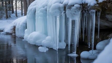 Delicate icicles hanging from a snowy rocky edge beside a serene winter stream, showcasing natural beauty and intricate ice formations in a cold, frosty landscape.