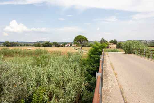 bridge over Elsa river with a view to Molin Nuovo, Florence, Tuscany, Italy