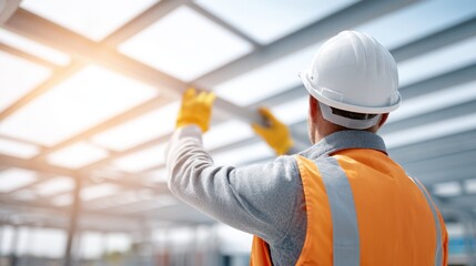 Construction worker wearing safety gear and hard hat is inspecting a steel structure under a bright sky at a construction site during daylight hours