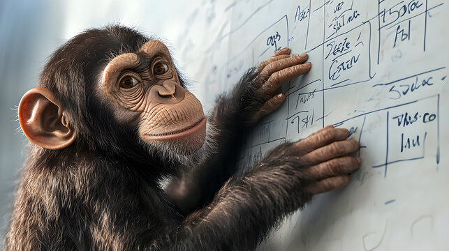 Playful, focused ape brainstorming marketing strategy. This clever chimp writes business plan and new idea on whiteboard