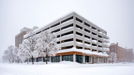 Obraz premium Multi-floor concrete parking structure partially covered in snow during a blizzard with trees and buildings in the background