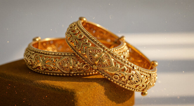  Two antique, textured gold bangles
