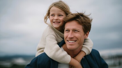 In a candid parenting moment, a proud dad pauses mid step as he carries his daughter on his shoulders, expressing joy, support, and emotional closeness. cinematic color correction, natural uneven