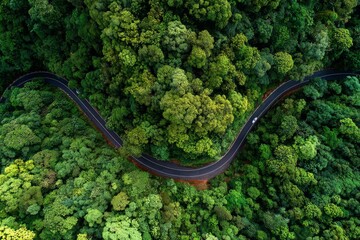 Aerial view of winding road through lush green forest landscape  