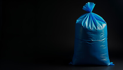 Large blue plastic garbage bag standing on black background with empty space for text, dramatic studio lighting, waste management business, recycling company service, or ecological cleanup event. High