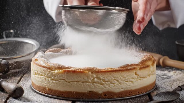 Chef Sprinkling Powdered Sugar on Cheesecake With Sifter